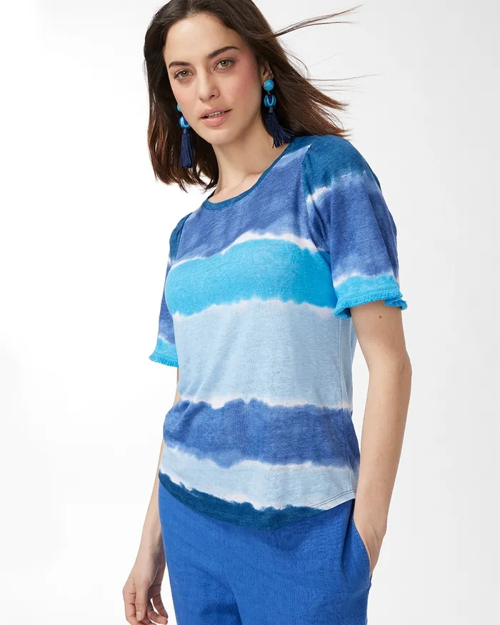 Chico039s Linen Fringe Sleeve Tie Dye Tee Poolside Blue Women Tops