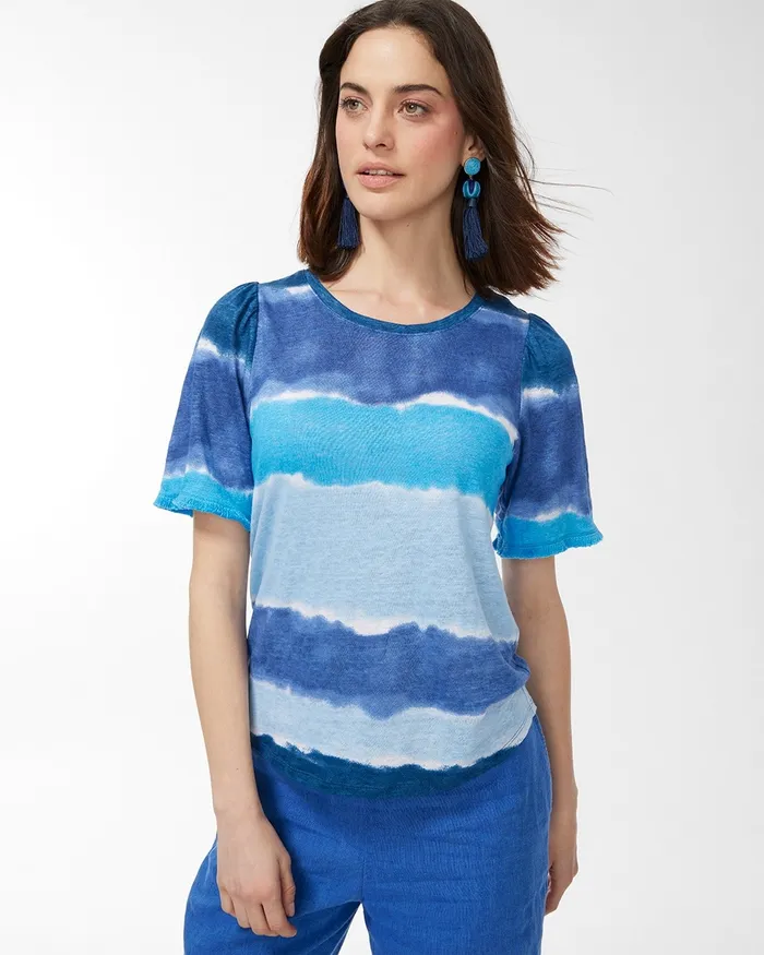 Chico039s Linen Fringe Sleeve Tie Dye Tee Poolside Blue Women Tops
