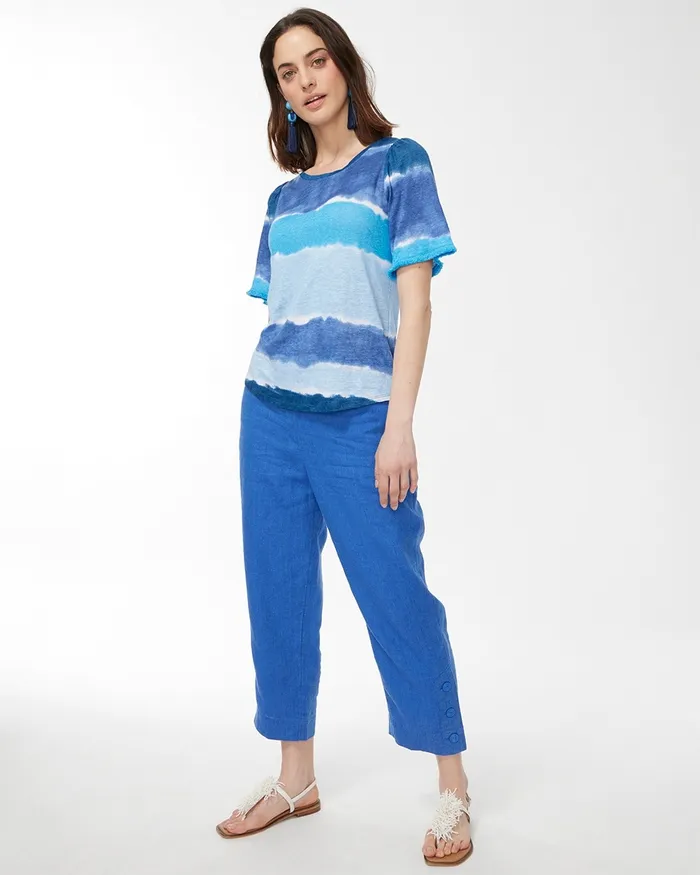 Chico039s Linen Fringe Sleeve Tie Dye Tee Poolside Blue Women Tops