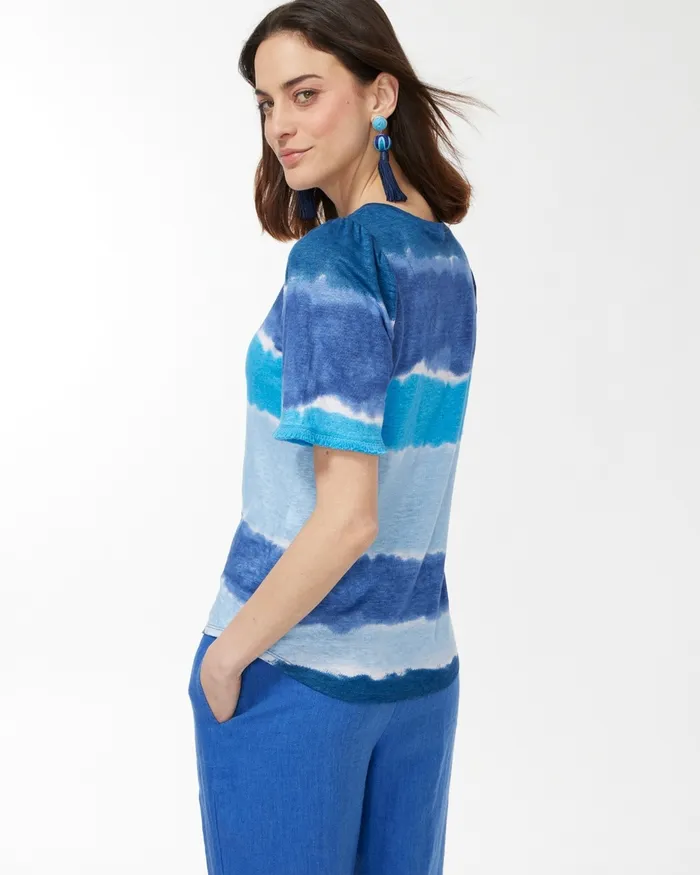 Chico039s Linen Fringe Sleeve Tie Dye Tee Poolside Blue Women Tops