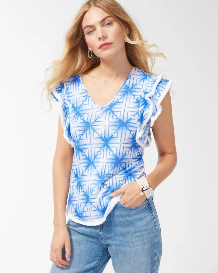 Chico039s Linen Geometric Print Flutter Sleeve Top Amparo Blue Women Tops