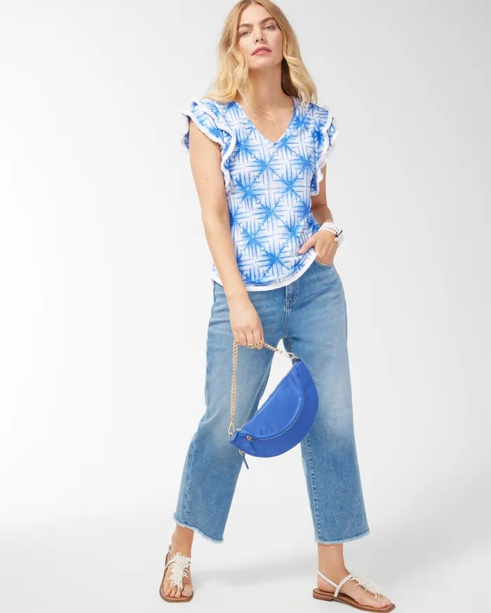 Chico039s Linen Geometric Print Flutter Sleeve Top Amparo Blue Women Tops