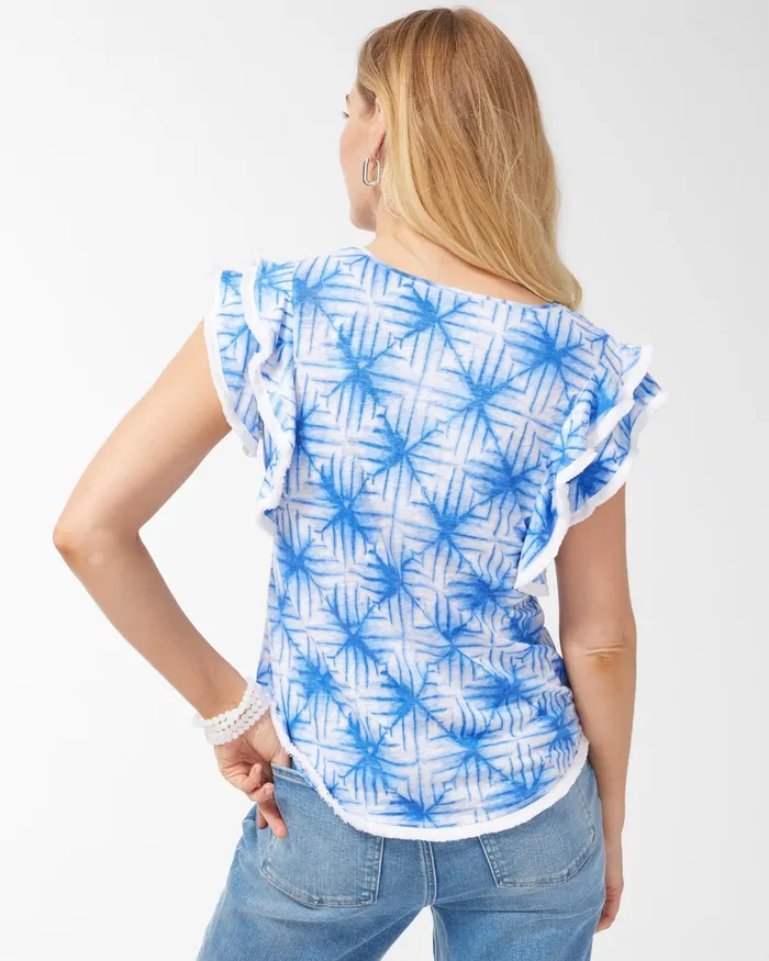 Chico039s Linen Geometric Print Flutter Sleeve Top Amparo Blue Women Tops