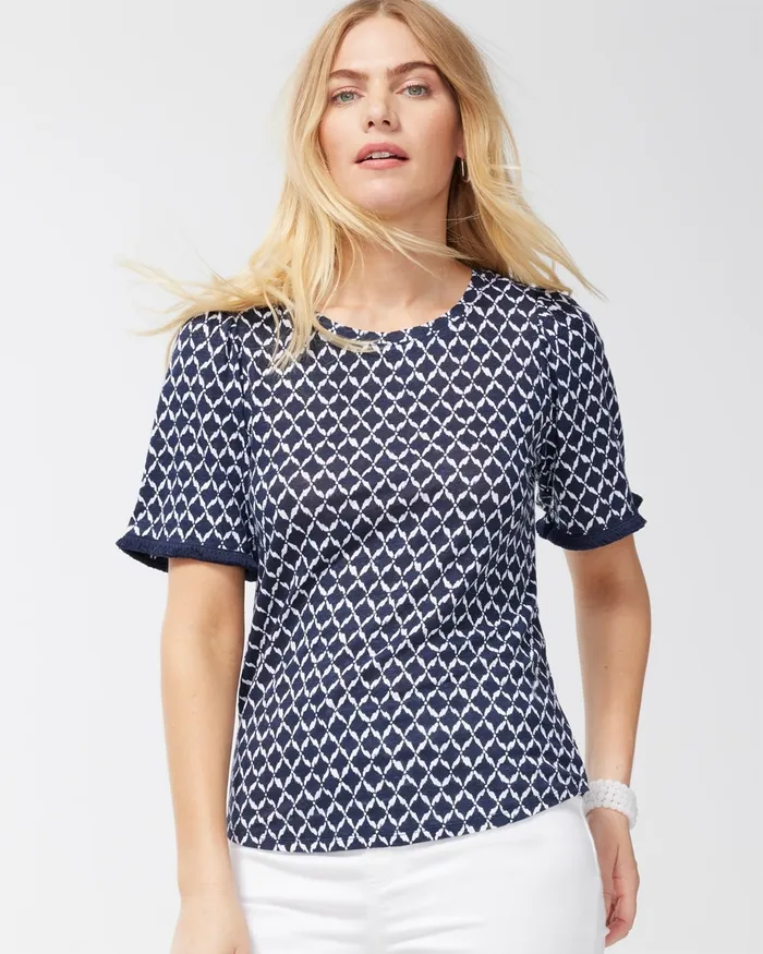 Chico039s Linen Ikat Print Fringe Sleeve Tee Classic Navy Women Tees