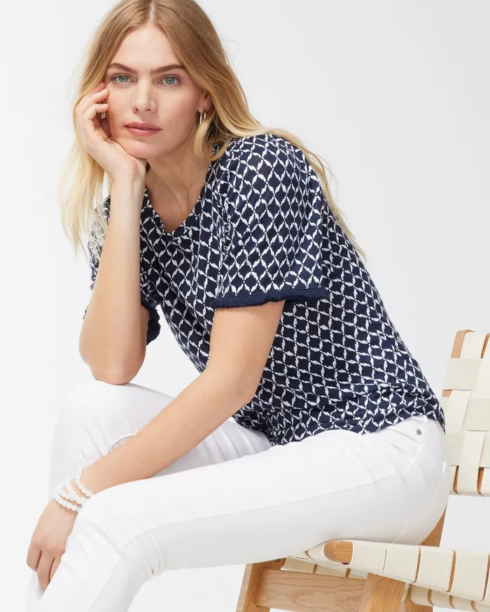 Chico039s Linen Ikat Print Fringe Sleeve Tee Classic Navy Women Tees