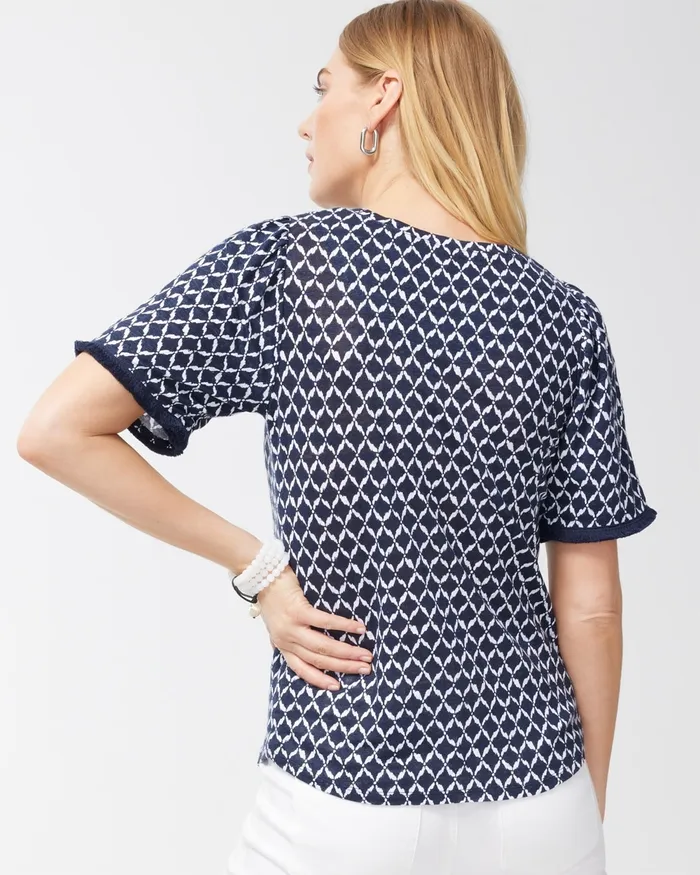 Chico039s Linen Ikat Print Fringe Sleeve Tee Classic Navy Women Tees