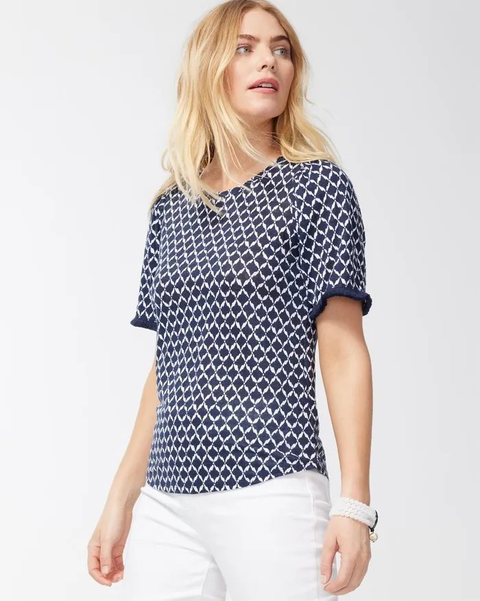 Chico039s Linen Ikat Print Fringe Sleeve Tee Classic Navy Women Tees