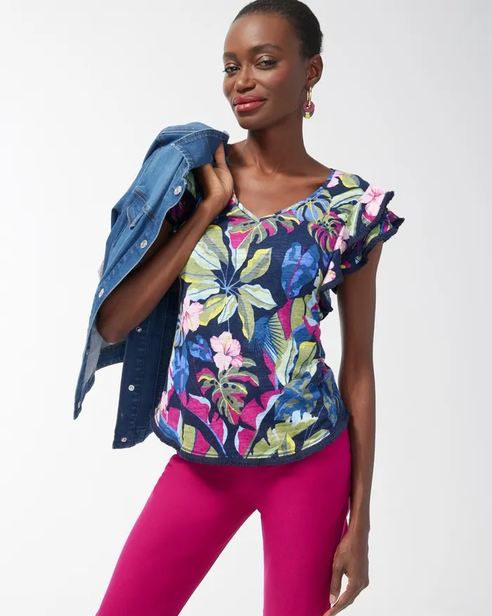 Chico039s Linen Jungle Print Flutter Sleeve Top Classic Navy Women Tops