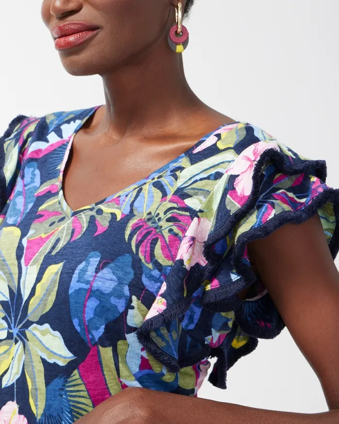 Chico039s Linen Jungle Print Flutter Sleeve Top Classic Navy Women Tops