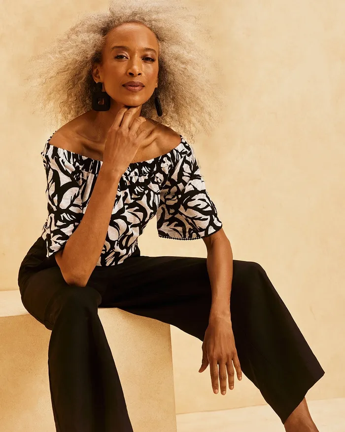 Chico039s Linen Leaves OffShoulder Top Black Women Tops