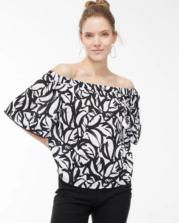 Chico039s Linen Leaves OffShoulder Top Black Women Tops
