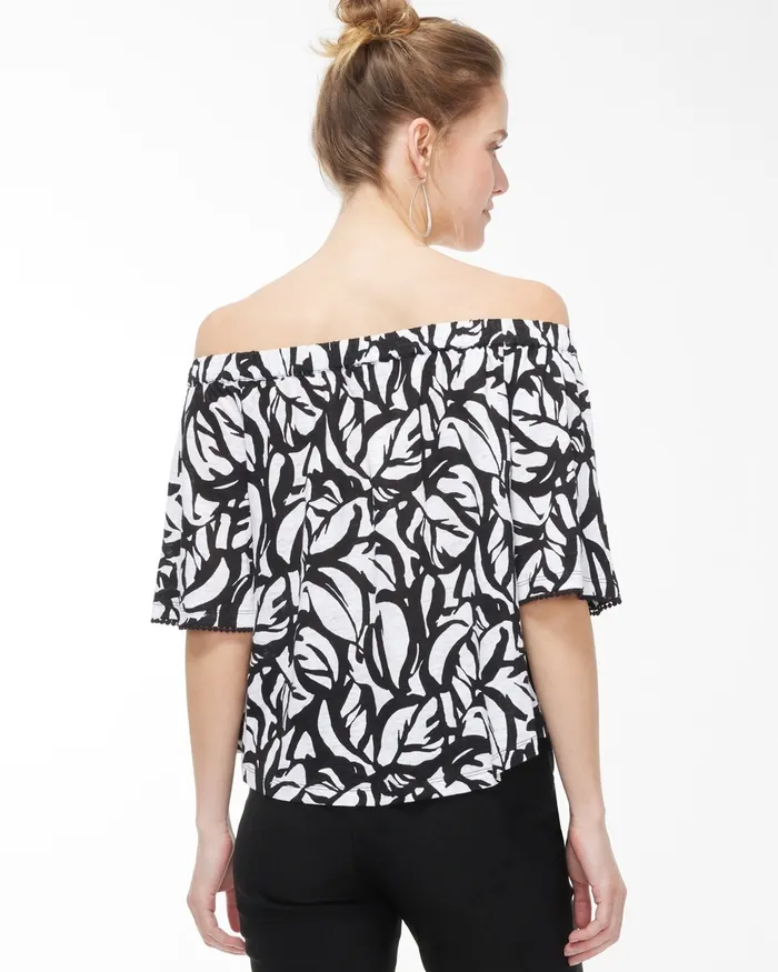 Chico039s Linen Leaves OffShoulder Top Black Women Tops