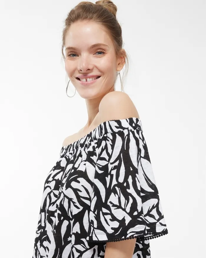 Chico039s Linen Leaves OffShoulder Top Black Women Tops