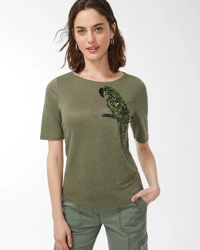Chico039s Linen Sequin Parrot Tee Dark Moss Women Tops