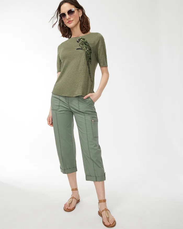 Chico039s Linen Sequin Parrot Tee Dark Moss Women Tops