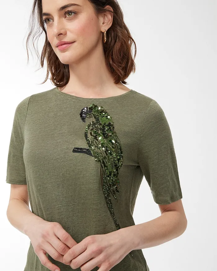 Chico039s Linen Sequin Parrot Tee Dark Moss Women Tops