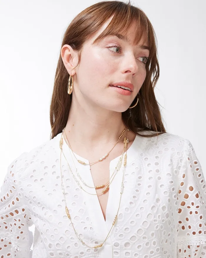 Chico039s Long FauxPearl And Goldtone DoubleStrand Necklace Gold Women Necklaces