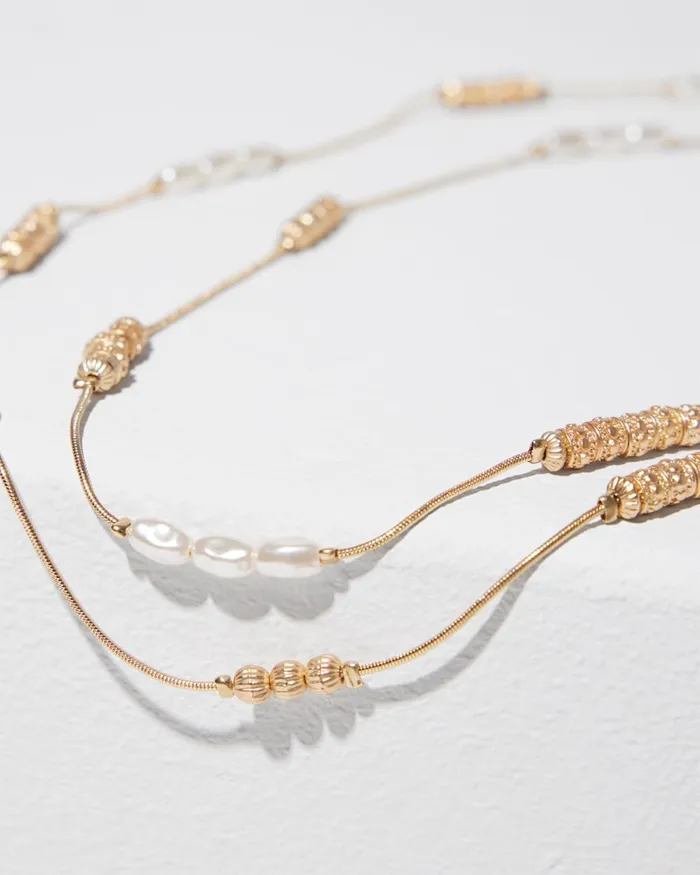 Chico039s Long FauxPearl And Goldtone DoubleStrand Necklace Gold Women Necklaces