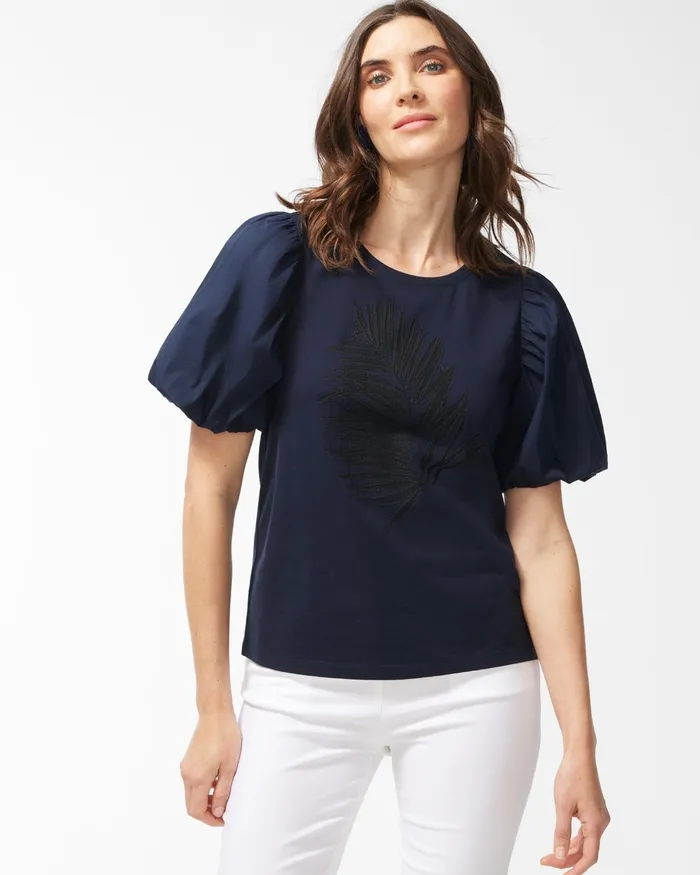 Chico039s Navy Embroidered Puff Sleeve Tee Classic Navy Women Tops