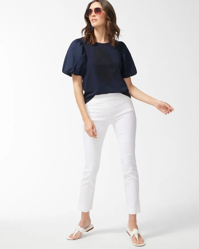 Chico039s Navy Embroidered Puff Sleeve Tee Classic Navy Women Tops