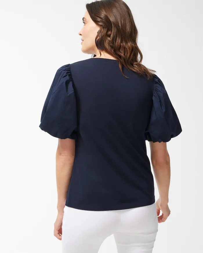 Chico039s Navy Embroidered Puff Sleeve Tee Classic Navy Women Tops