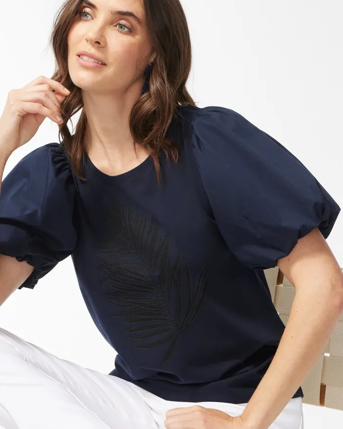 Chico039s Navy Embroidered Puff Sleeve Tee Classic Navy Women Tops