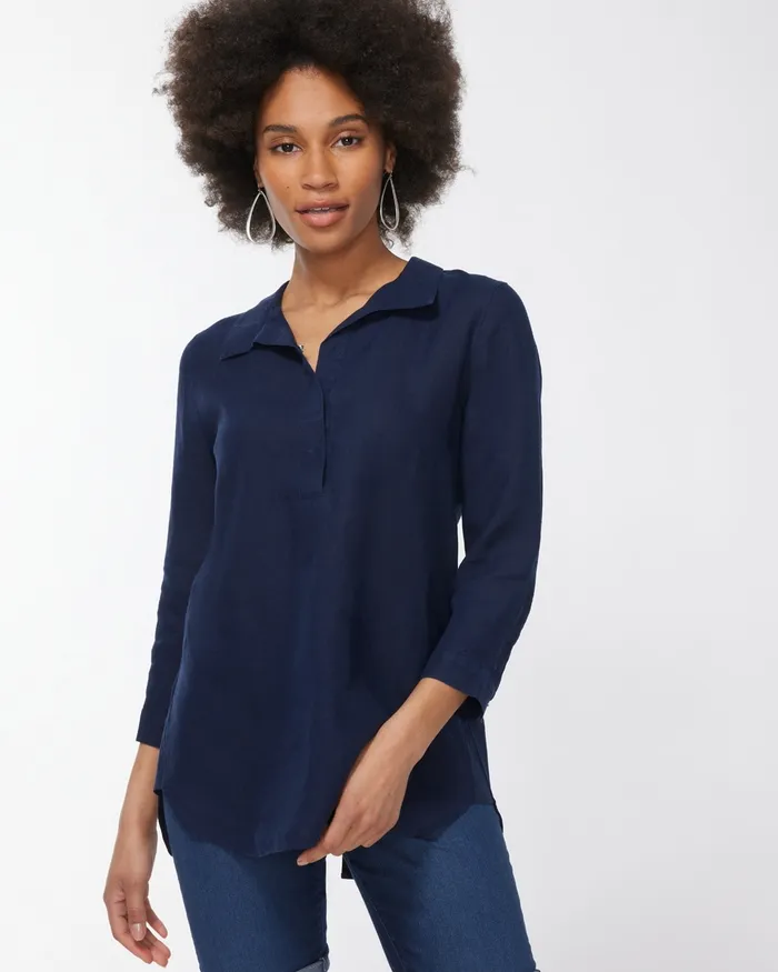 Chico039s No Iron Linen Button Back Tunic Classic Navy Women Tops