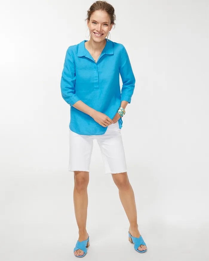 Chico039s No Iron Linen Button Back Tunic Classic Navy Women Tops