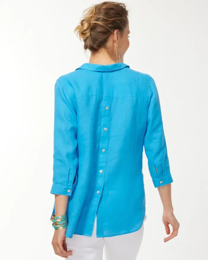 Chico039s No Iron Linen Button Back Tunic Classic Navy Women Tops
