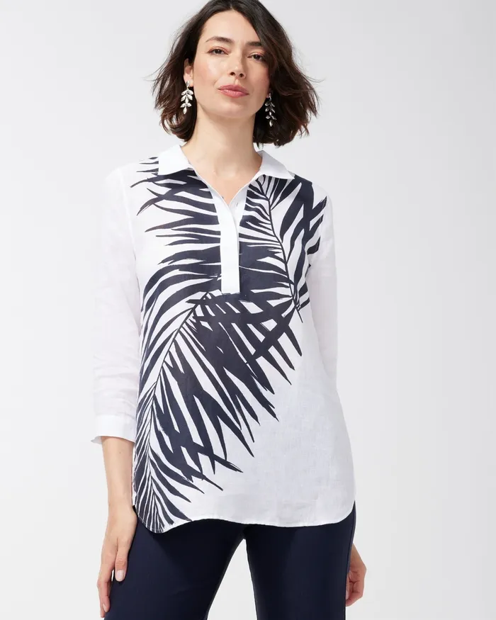 Chico039s No Iron Linen Palms Button Back Tunic Classic Navy Women Tops