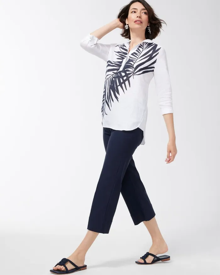 Chico039s No Iron Linen Palms Button Back Tunic Classic Navy Women Tops