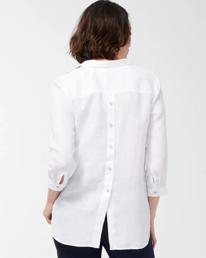 Chico039s No Iron Linen Palms Button Back Tunic Classic Navy Women Tops