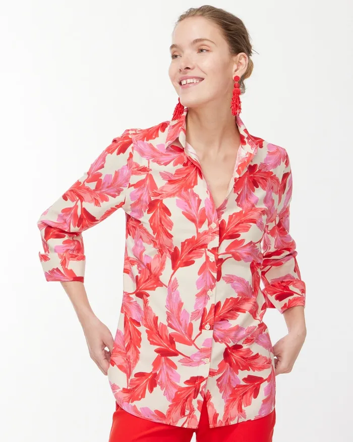 Chico039s No Iron Stretch 34 Sleeve Feathers Shirt Papaya Coral Women Matching Sets