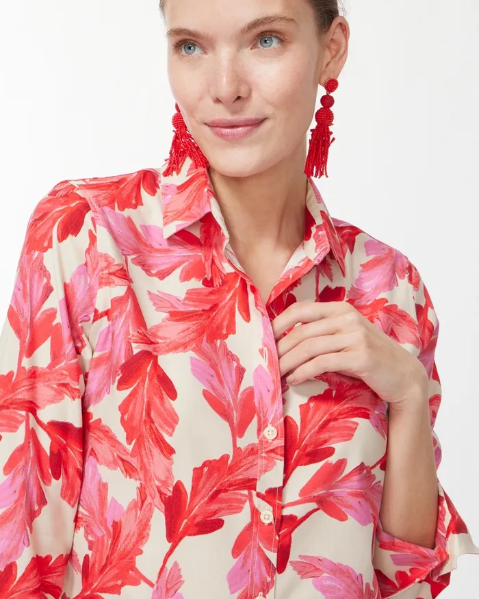 Chico039s No Iron Stretch 34 Sleeve Feathers Shirt Papaya Coral Women Matching Sets