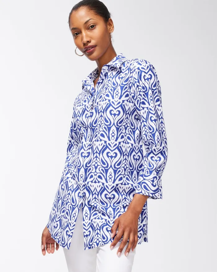 Chico039s No Iron Stretch Ikat 34 Sleeve Tunic Blue Grotto Women Tops