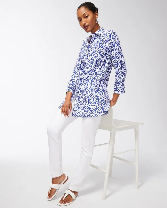 Chico039s No Iron Stretch Ikat 34 Sleeve Tunic Blue Grotto Women Tops