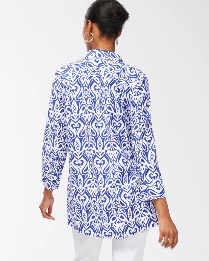 Chico039s No Iron Stretch Ikat 34 Sleeve Tunic Blue Grotto Women Tops