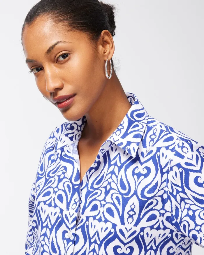 Chico039s No Iron Stretch Ikat 34 Sleeve Tunic Blue Grotto Women Tops