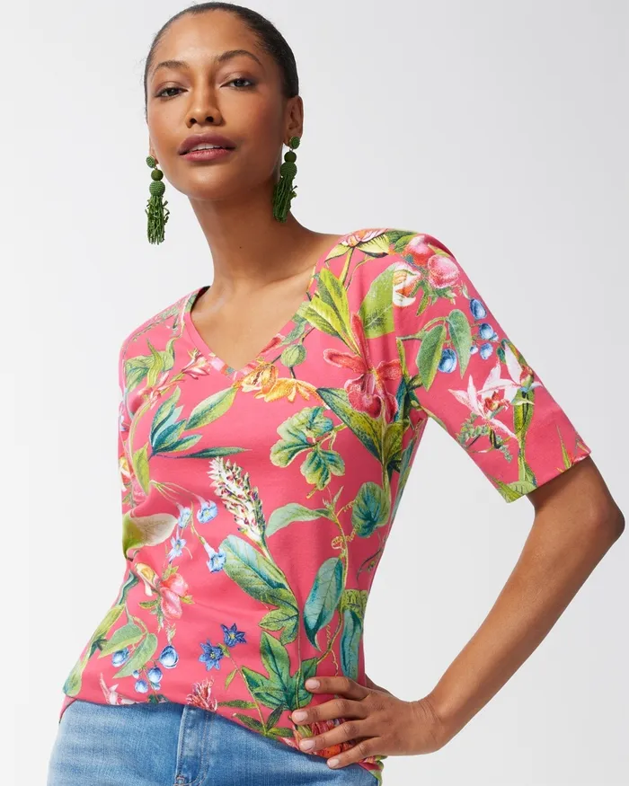 Chico039s Pima Floral Everyday VNeck Tee Strawberry Margarita Women Tops