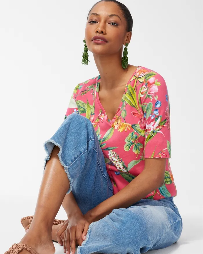 Chico039s Pima Floral Everyday VNeck Tee Strawberry Margarita Women Tops