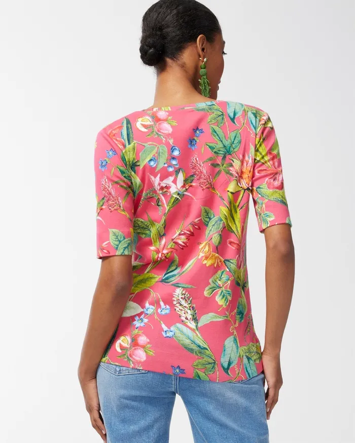 Chico039s Pima Floral Everyday VNeck Tee Strawberry Margarita Women Tops