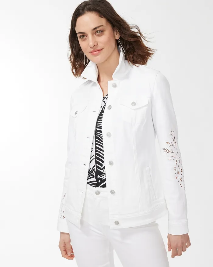 Chico039s Pineapple Eyelet Denim Jacket Alabaster Women Jackets and Coats