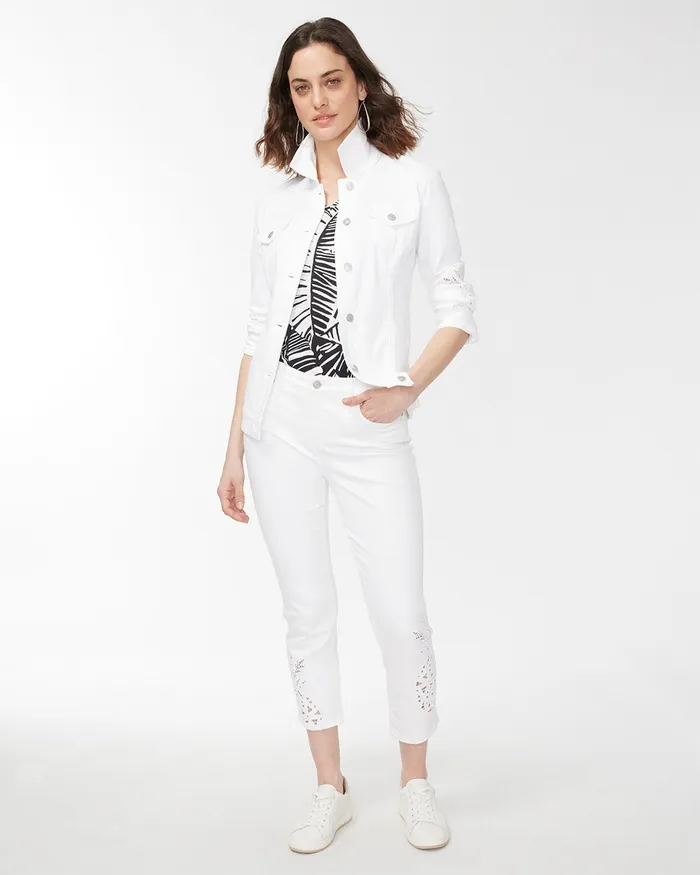 Chico039s Pineapple Eyelet Denim Jacket Alabaster Women Jackets and Coats