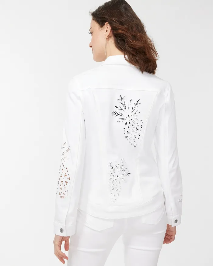 Chico039s Pineapple Eyelet Denim Jacket Alabaster Women Jackets and Coats