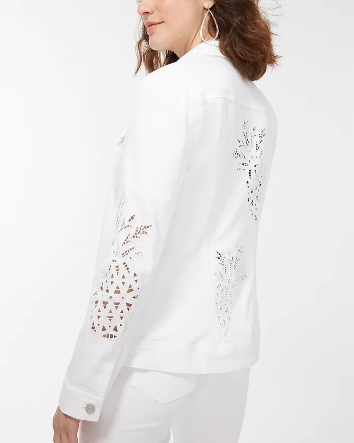 Chico039s Pineapple Eyelet Denim Jacket Alabaster Women Jackets and Coats