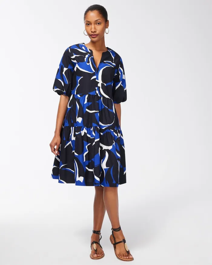 Chico039s Poplin Abstract Print Dress Blue Grotto Women Dresses and Skirts