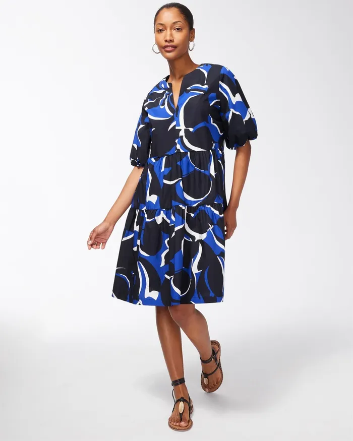 Chico039s Poplin Abstract Print Dress Blue Grotto Women Dresses and Skirts