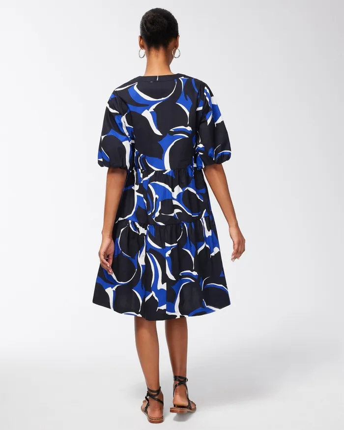 Chico039s Poplin Abstract Print Dress Blue Grotto Women Dresses and Skirts