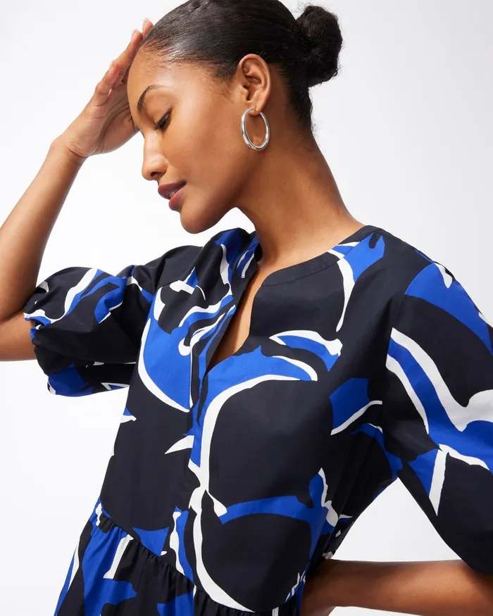Chico039s Poplin Abstract Print Dress Blue Grotto Women Dresses and Skirts