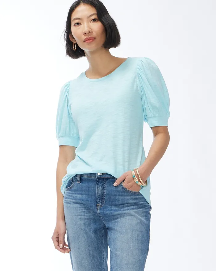 Chico039s Puff Sleeve Slub Tee Beach Aqua Women Tops